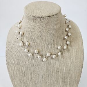 Vintage Large Baroque Freshwater Spinner Pearl Silver Tone Spindle Necklace